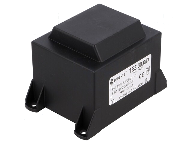 Transformator: ingegoten; 30VA; 230VAC; 12V; 2,5A; PCB; IP00; TEZ Transformator: ingegoten; 30VA; 230VAC; 12V; 2,5A; PCB; IP00; TEZ
